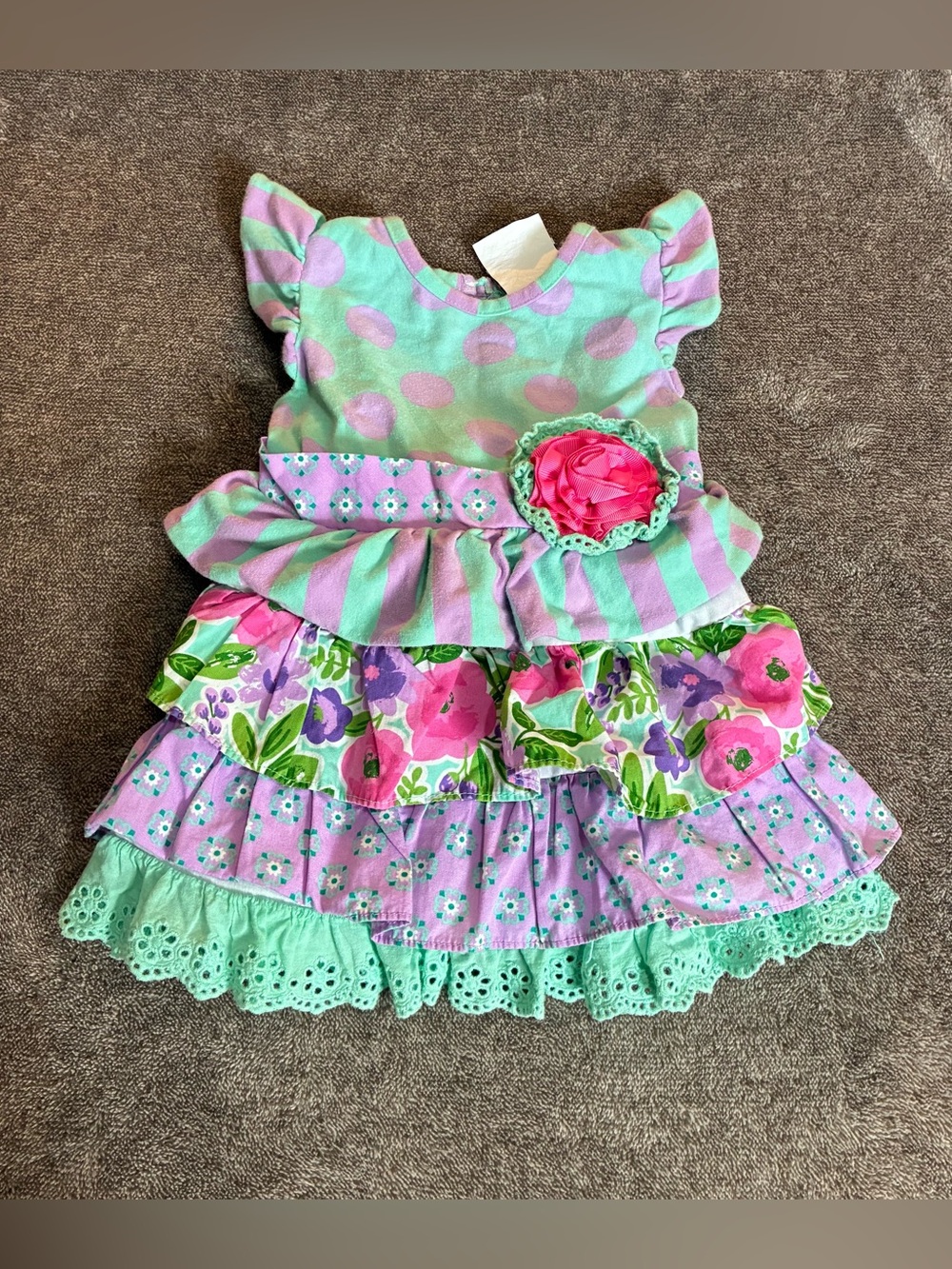 Counting Daisies Baby Girl Mint & Pink Floral Ruffle Dress Sz 24 Months Cottage
